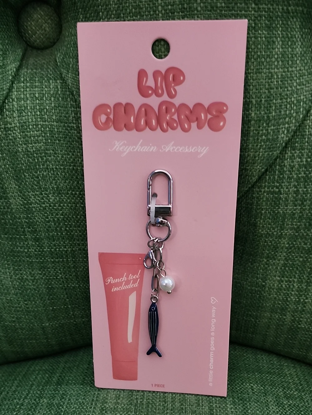 Lip Charms Pink Keychain with Navy Fish & Pearl Charm